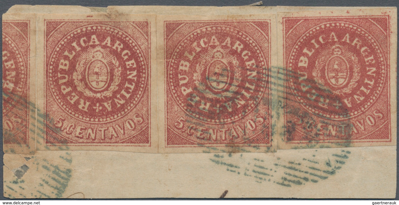 00527 Argentinien: 1864 5c. Purple, Narrow "C", Without Accent, Three Singles (with Part Of A Fourth Stamp - Sonstige & Ohne Zuordnung