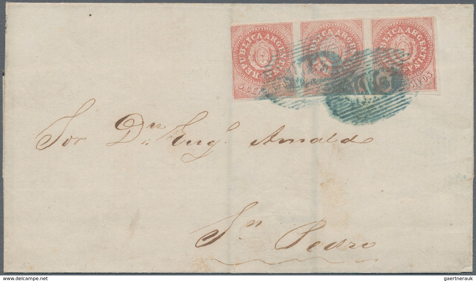 00528 Argentinien: 1864 5c. Pale Red, Narrow "C", Horizontal Strip Of Three Used On Folded Mourning Letter - Altri & Non Classificati