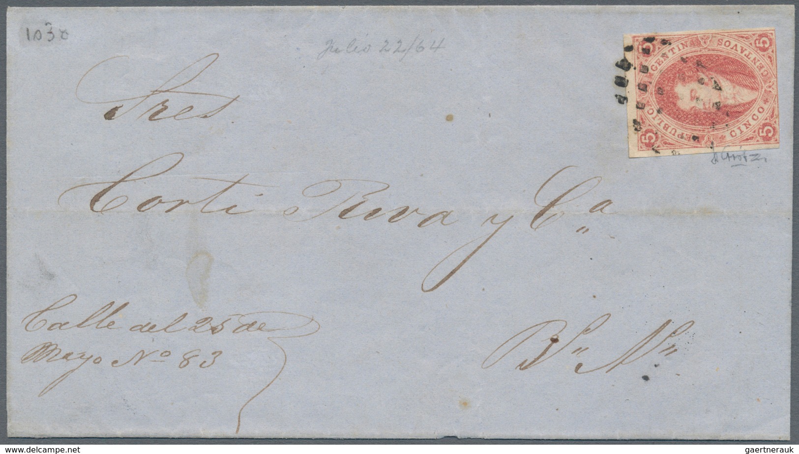 00531 Argentinien: 1864 5c. Brown-rose, 1st Printing, Used On Cover From SAN NICOLAS To Buenos Aires, Tied - Other & Unclassified