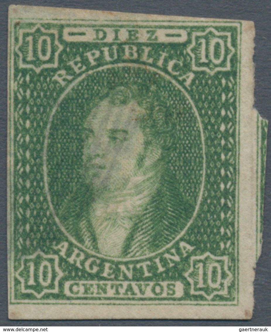 00532 Argentinien: 1864 'Rivadavia' 10c. Green, WATERMARK REVERSED, Imperforated, Clear Impression, Used A - Altri & Non Classificati