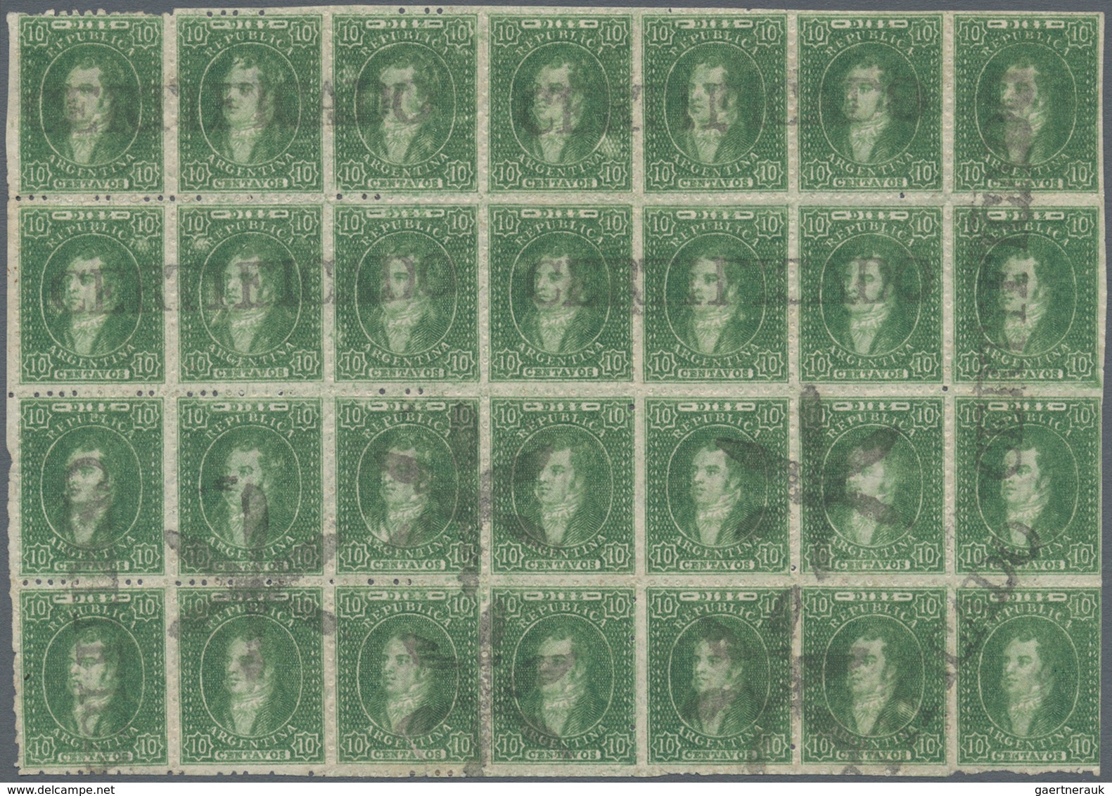 00533 Argentinien: 1864: THE USED BLOCK OF 28 OF THE 10c. PERFORATED 11½.  'Rivadavia' 10c. Green, Dull To - Autres & Non Classés