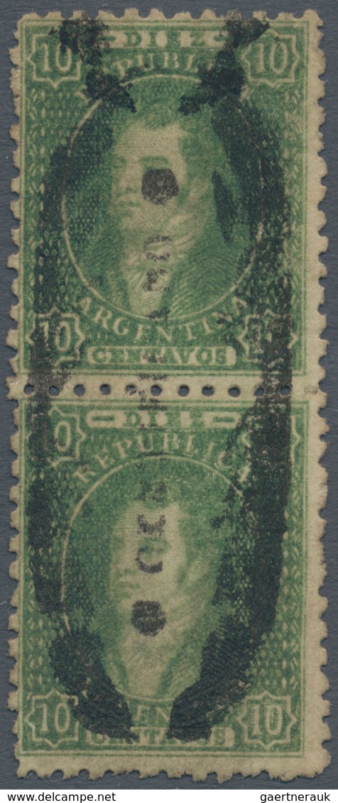 00534 Argentinien: 1864 'Rivadavia' 10c. Yellow-green, Sharp Impression, Vertical Pair Tied By Special Han - Other & Unclassified