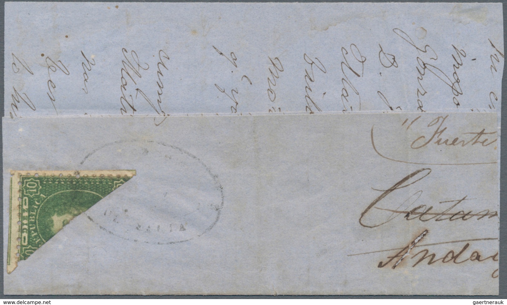 00535 Argentinien: 1864 'Rivadavia' 10c. Green, BISECTED DIAGONALLY Used On Large Part Of Cover To Andalga - Autres & Non Classés