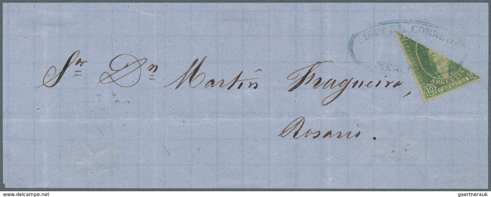 00536 Argentinien: 1864 10c. Green, Dull To Worn Impression, BISECTED DIAGONALLY And Used On Part Cover (f - Autres & Non Classés