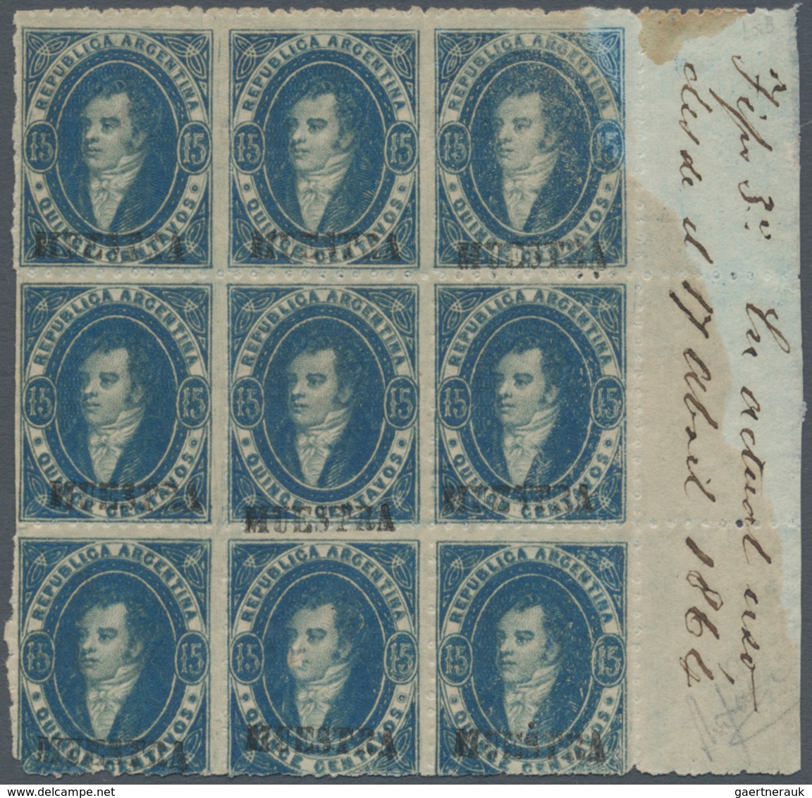 00537 Argentinien: 1864 'Rivadavias' 15 C. Blue, Dull To Worn Impression, Perforated 11½, Each Stamp Hands - Sonstige & Ohne Zuordnung