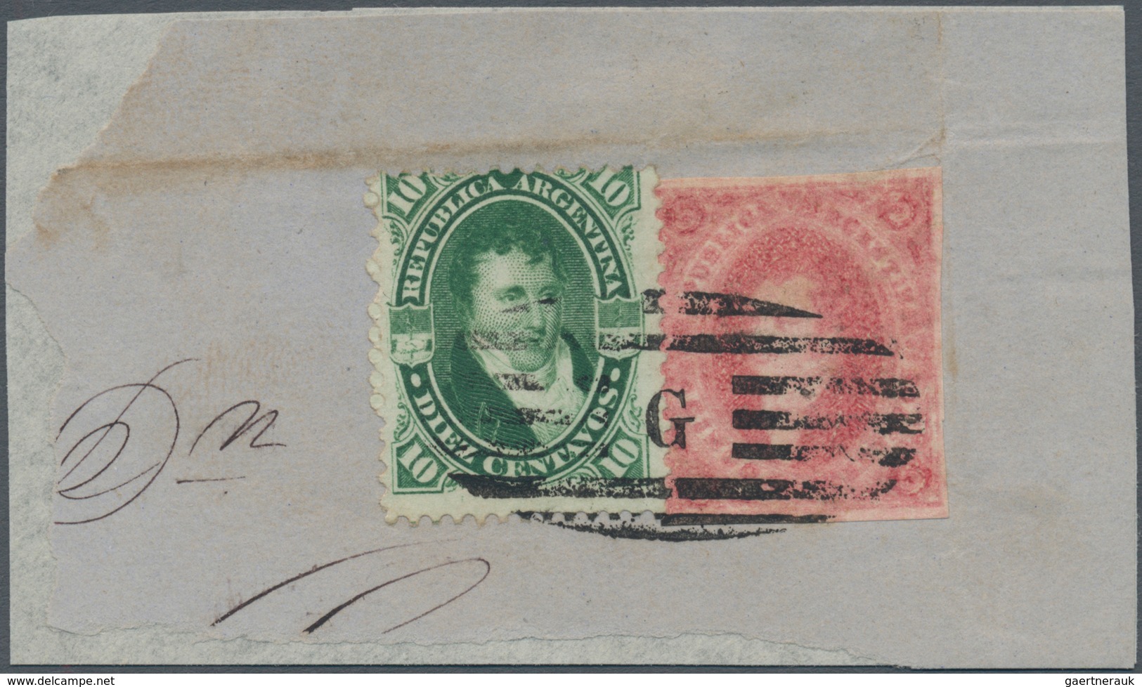 00538 Argentinien: 1867-68 'Rivadavia' 5c. Rose-carmine In Combination With 1868 10c. Green Used On Piece - Andere & Zonder Classificatie
