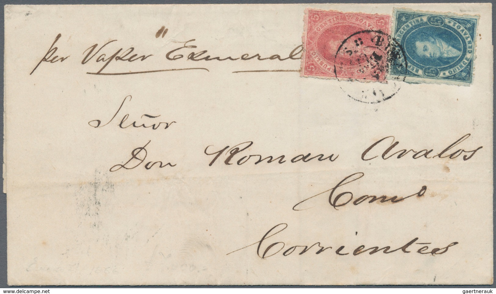 00539 Argentinien: 1867 Cover From Buenos Aires To Corrientes By Steamer "Esmeralda", Franked By 'Rivaldav - Sonstige & Ohne Zuordnung