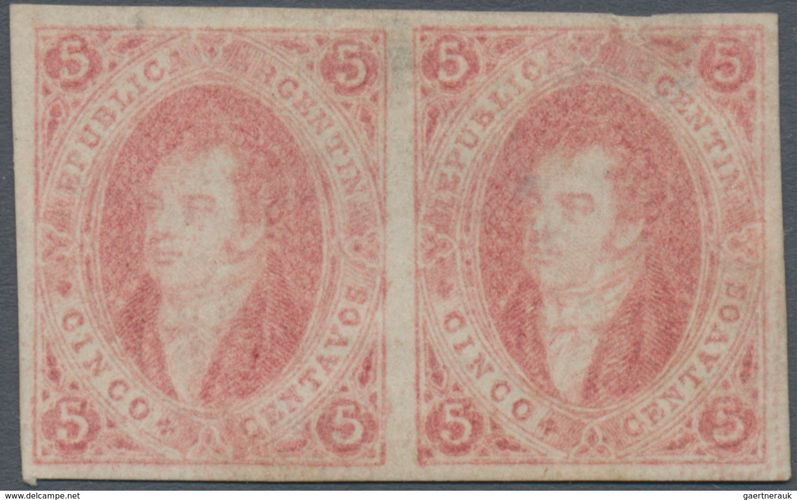 00542 Argentinien: 1867 'Rivadavias' 5c. Light Rose, No Watermark, 6th Printing, IMPERFORATED HORIZONTAL P - Altri & Non Classificati