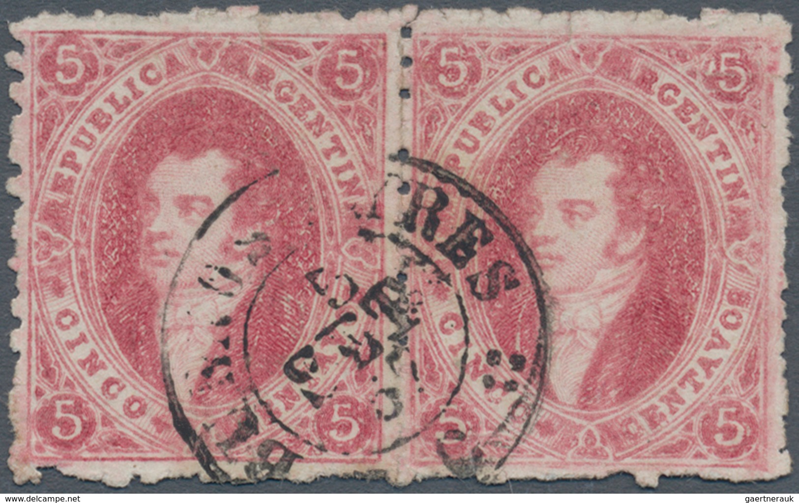 00544 Argentinien: 1867 'Rivadavia' 5c. Carmine, 7th Printing, No Wmk, Perf 11½, Horizontal Pair, Used And - Andere & Zonder Classificatie