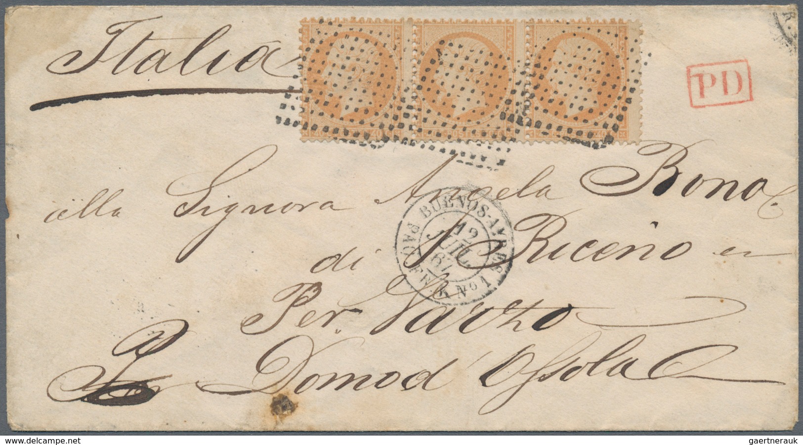 00545 Argentinien: 1867 SS AUNIS PROVISIONAL POSTMARK: Envelope From Buenos Aires To Domodossola, ITALY Fr - Altri & Non Classificati