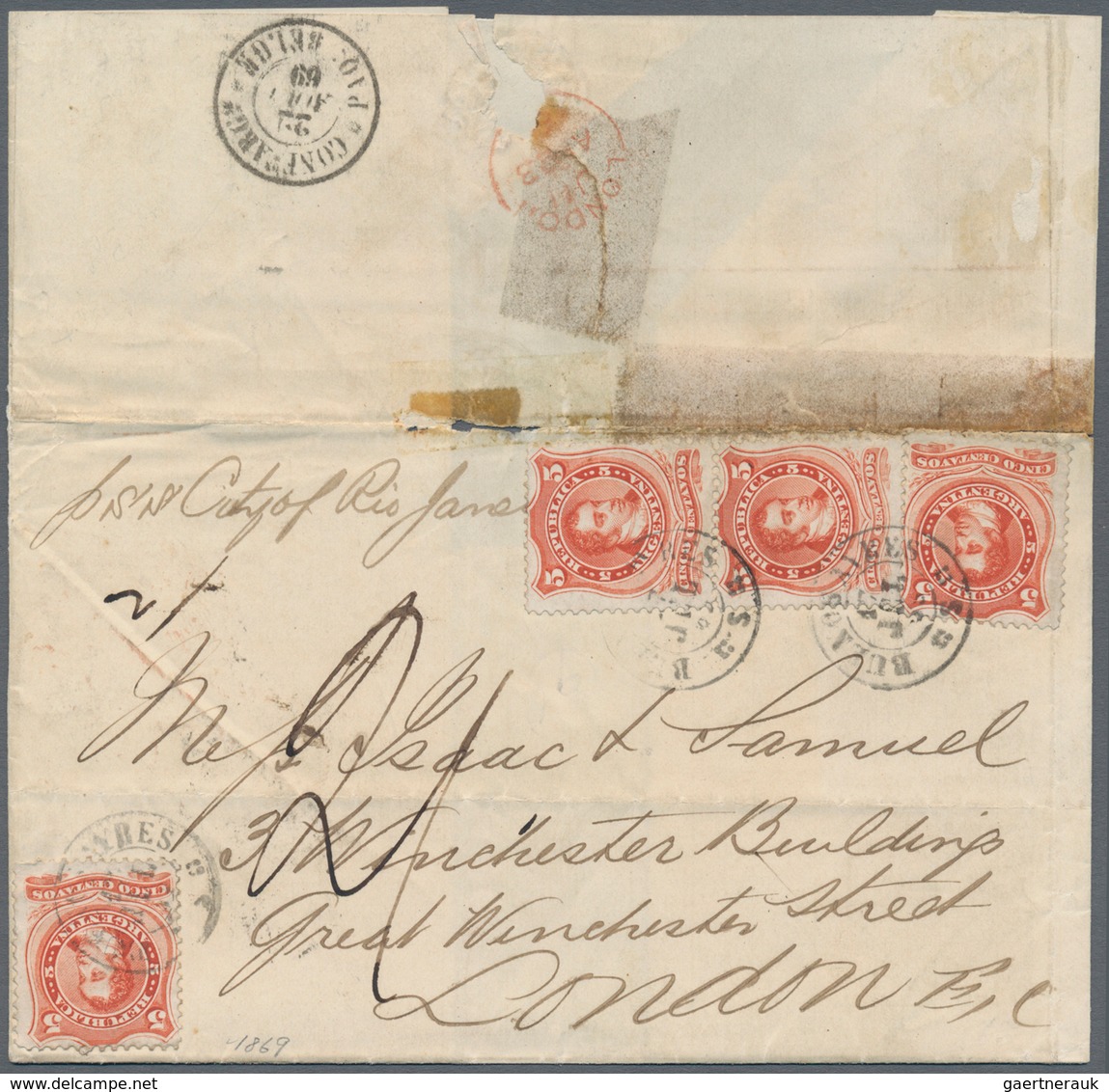 00546 Argentinien: 1869 Quadruple Rate Cover From Buenos Aires To London Via Belgium By The Packet SS "Cit - Sonstige & Ohne Zuordnung