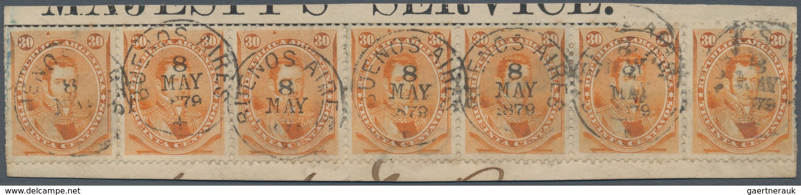 00549 Argentinien: 1873 'C.M. De Alvear' 30c. Orange, Horizontal STRIP OF SEVEN, Tied By Fine Strikes Of " - Andere & Zonder Classificatie
