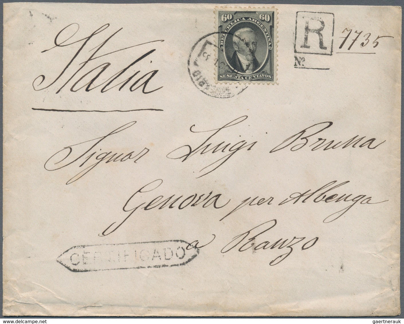 00550 Argentinien: 1873 'G.A. De Posadas' 60c. Black, Used On Registered Cover 1885 From Rosario To Ranzo/ - Andere & Zonder Classificatie