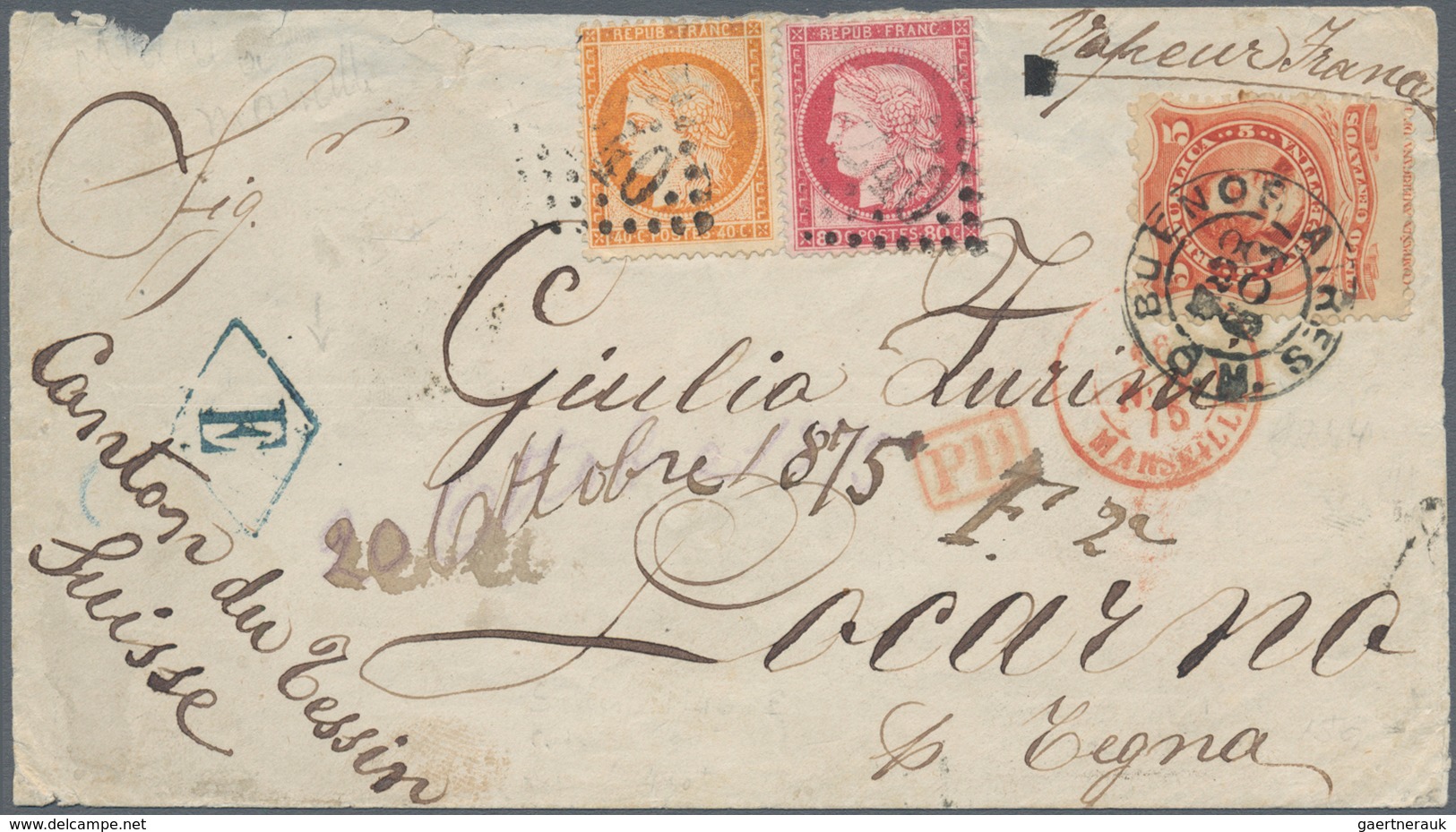 00551 Argentinien: 1875 Cover From Buenos Aires To Locarno, Canton Ticino, Switzerland Per Steamer "France - Sonstige & Ohne Zuordnung
