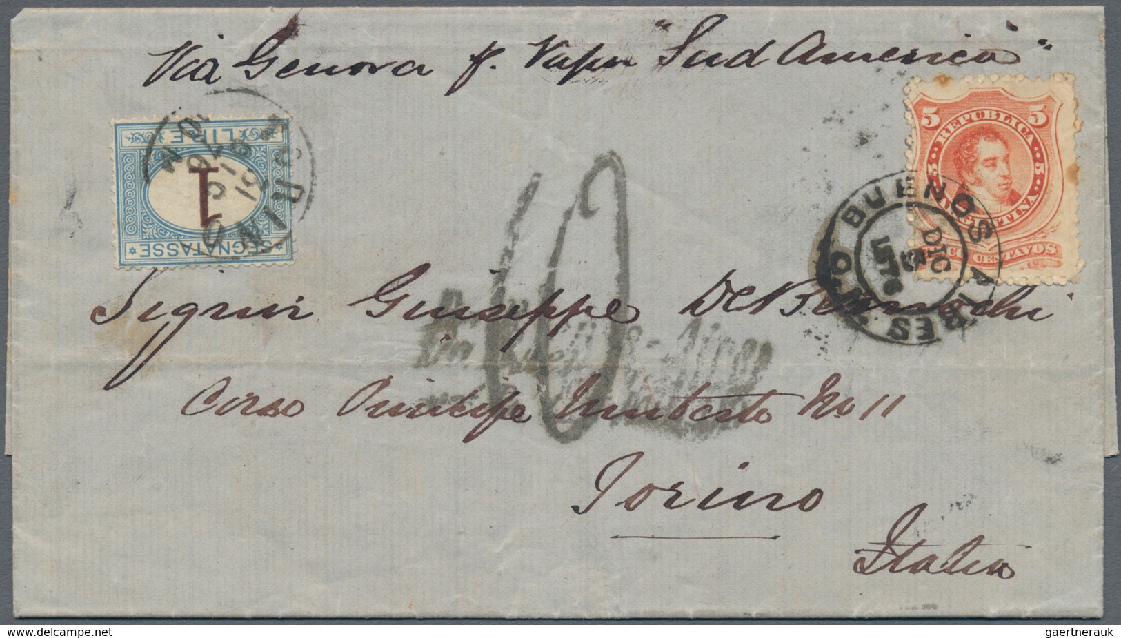 00554 Argentinien: 1876 Cover From Buenos Aires To Torino, Italy Via Genoa By S/s "Sud America", Franked B - Altri & Non Classificati