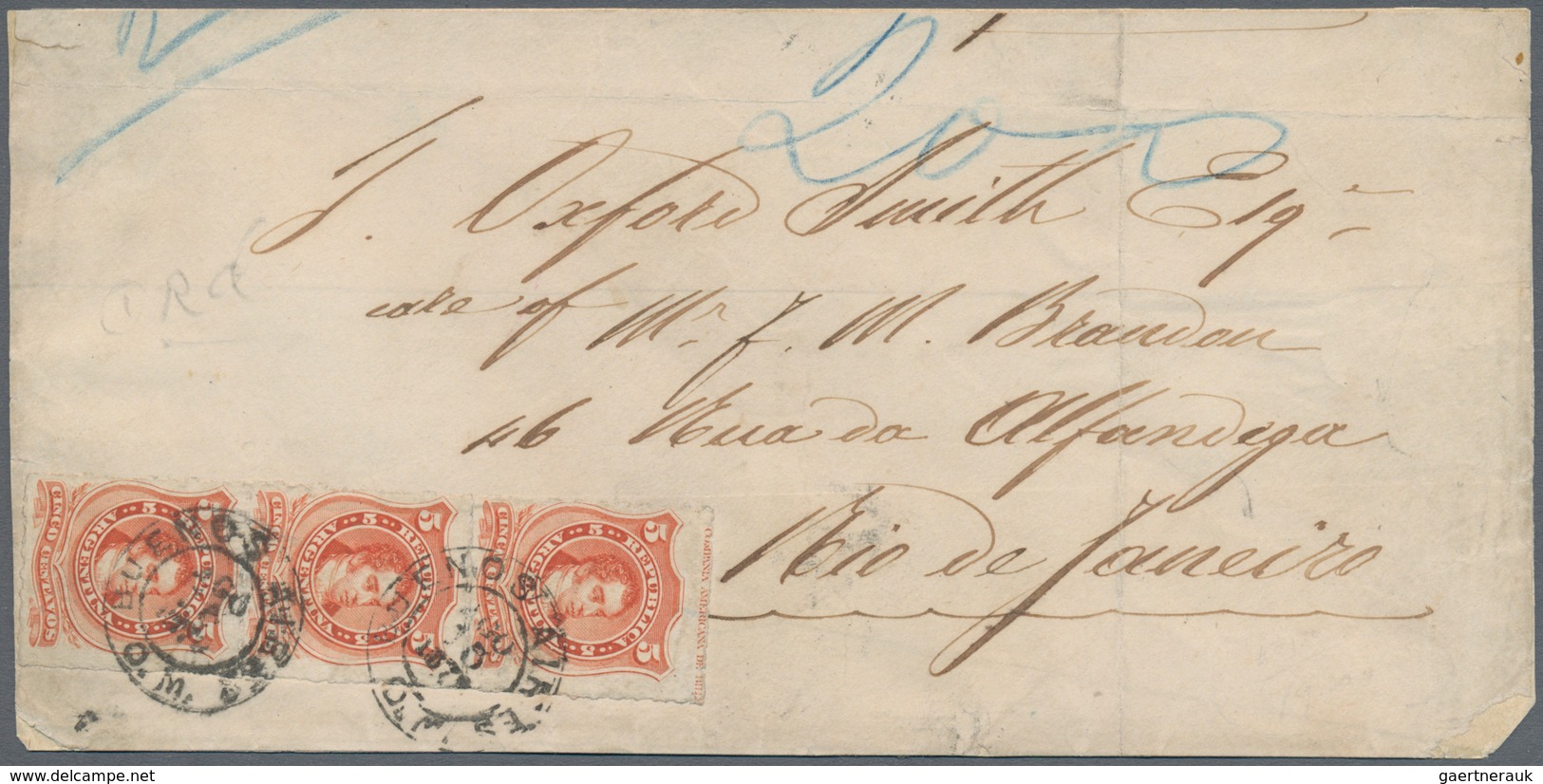 00555 Argentinien: 1876 5c. Vermilion, ROULETTED, VERTICAL STRIP OF THREE Used On Cover From Buenos Aires - Altri & Non Classificati