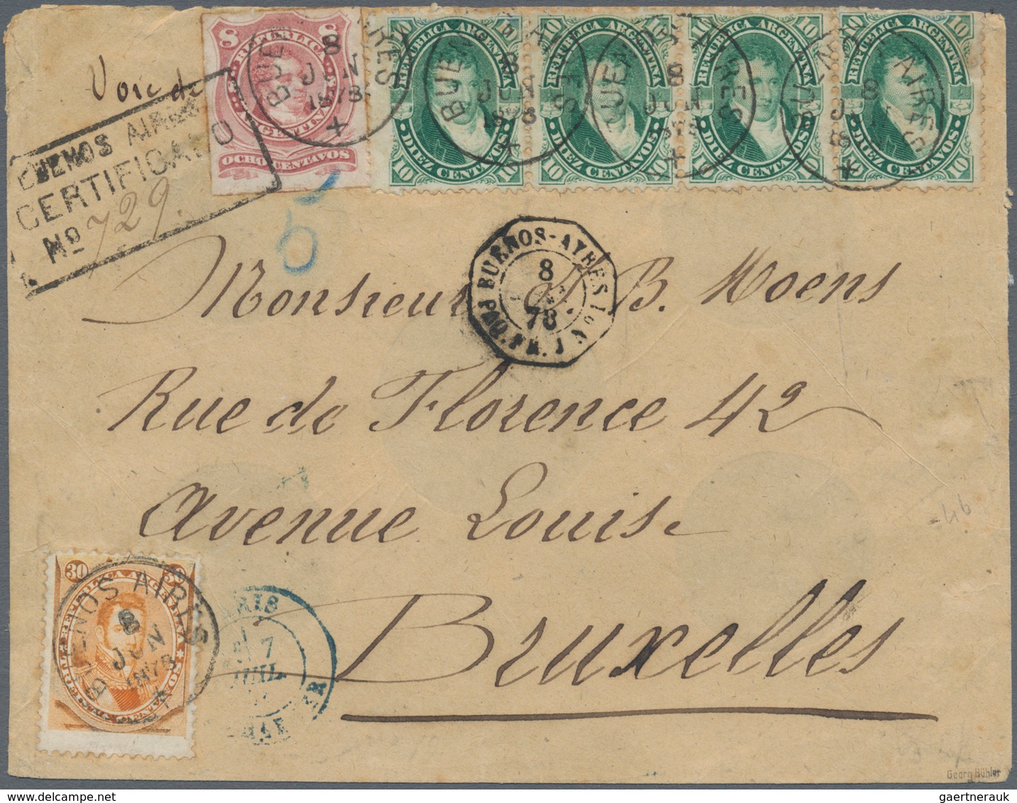 00558 Argentinien: 1878 Registered Cover From Buenos Aires To Brussels Via Bordeaux And Paris By French Pa - Andere & Zonder Classificatie