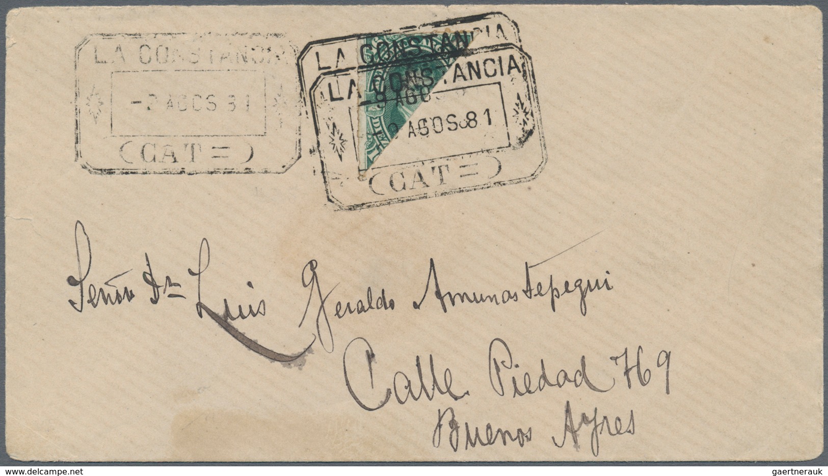 00559 Argentinien: 1878 'M. Belgrano' 16c. Green, Rouletted, BISECTED DIAGONALLY And USED ON COVER From La - Autres & Non Classés