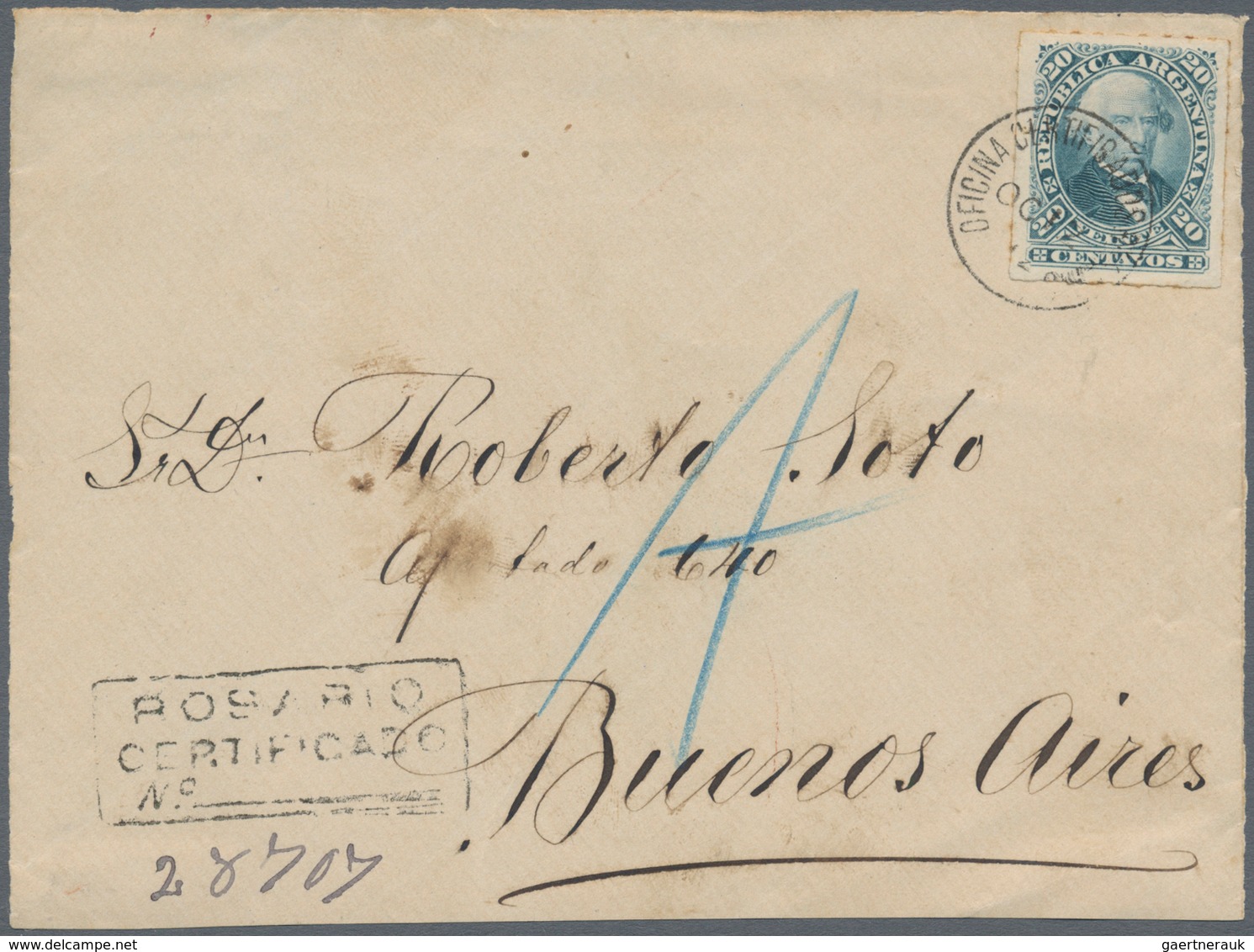 00560 Argentinien: 1878 20c. Blue Rouletted, Used As SINGLE FRANKING On Part REGISTERED COVER (front Only) - Sonstige & Ohne Zuordnung