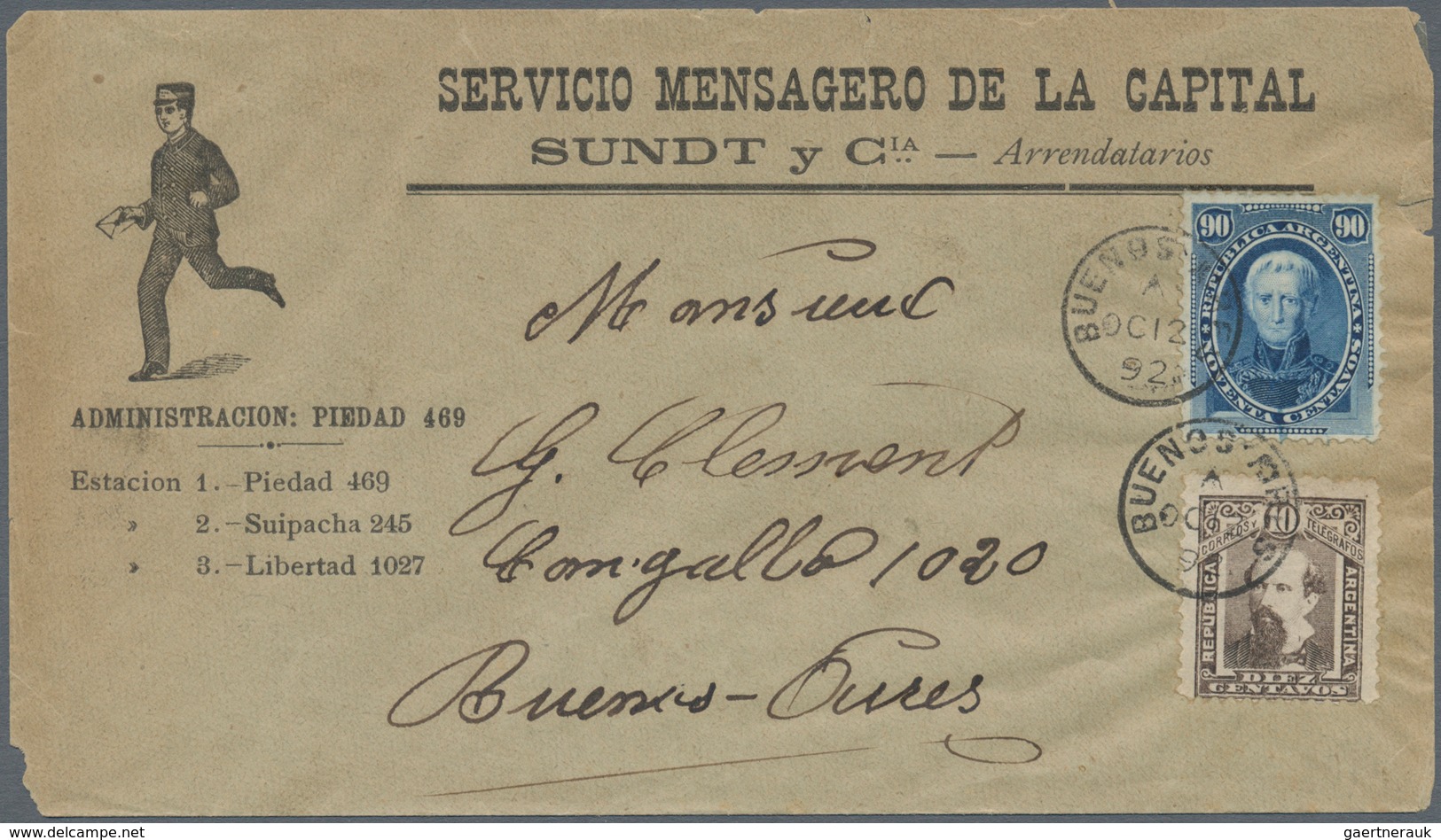 00562 Argentinien: 1873 'C. Saavedra' 90c. Blue, Used On Printed "Messenger Service" Cover Used Buenos Air - Autres & Non Classés