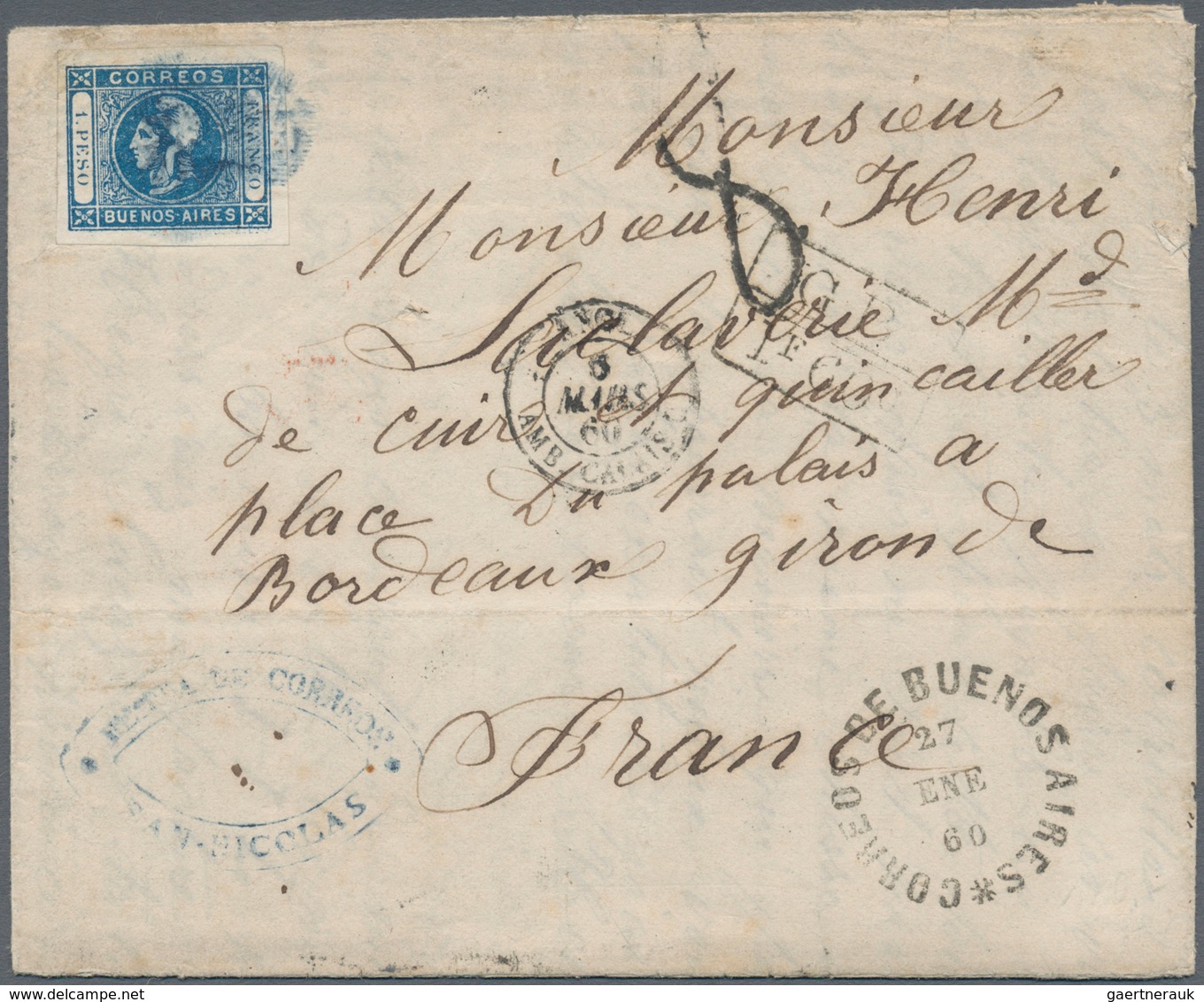 00563 Argentinien - Provinzen: Buenos Aires: 1859 'Cabecita' 1p. Blue, Almost Sharp Impression, Used On Co - Buenos Aires (1858-1864)