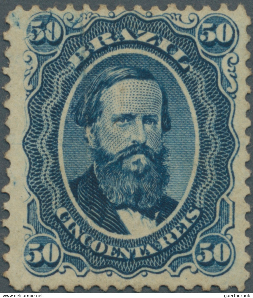 00576 Brasilien: 1866, Dom Pedro 50c. Blue, Fresh Colour, Well Perforated, Vertical Fold, Unused No Gum. R - Other & Unclassified