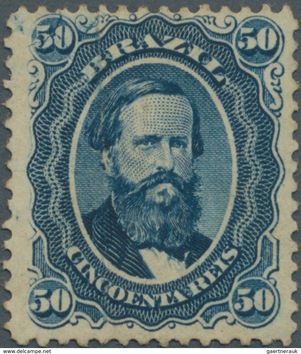 00576 Brasilien: 1866, Dom Pedro 50c. Blue, Fresh Colour, Well Perforated, Vertical Fold, Unused No Gum. R - Andere & Zonder Classificatie