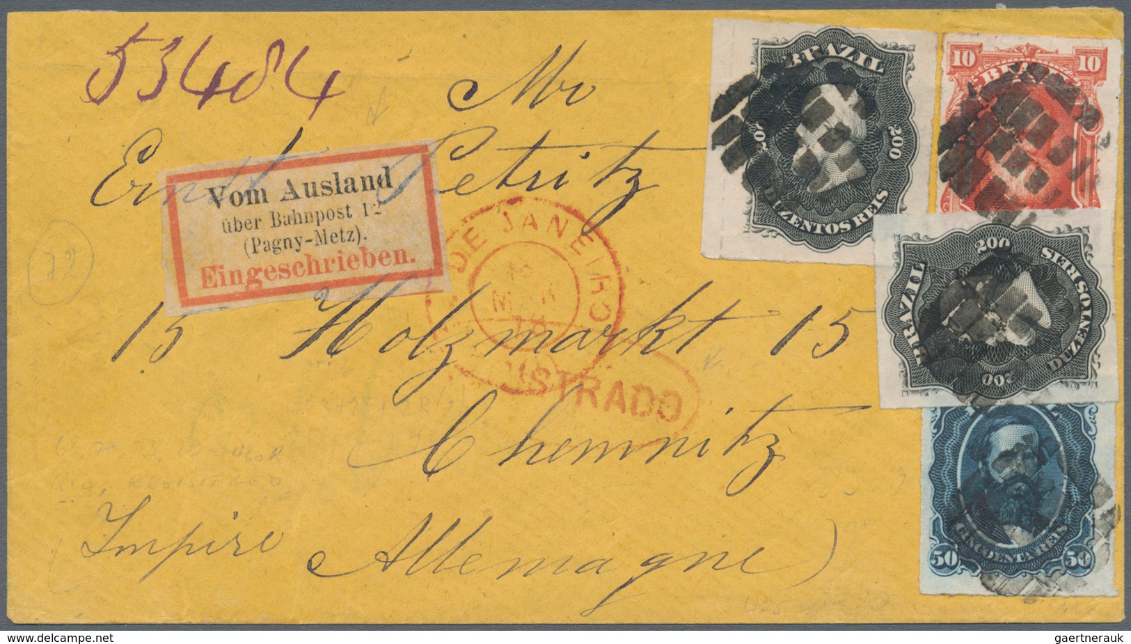 00579 Brasilien: 1878, Dom Pedro Rouletted Issue, 10r. Vermilion, 50r. Blue And Two Copies 200r. Black, Al - Other & Unclassified