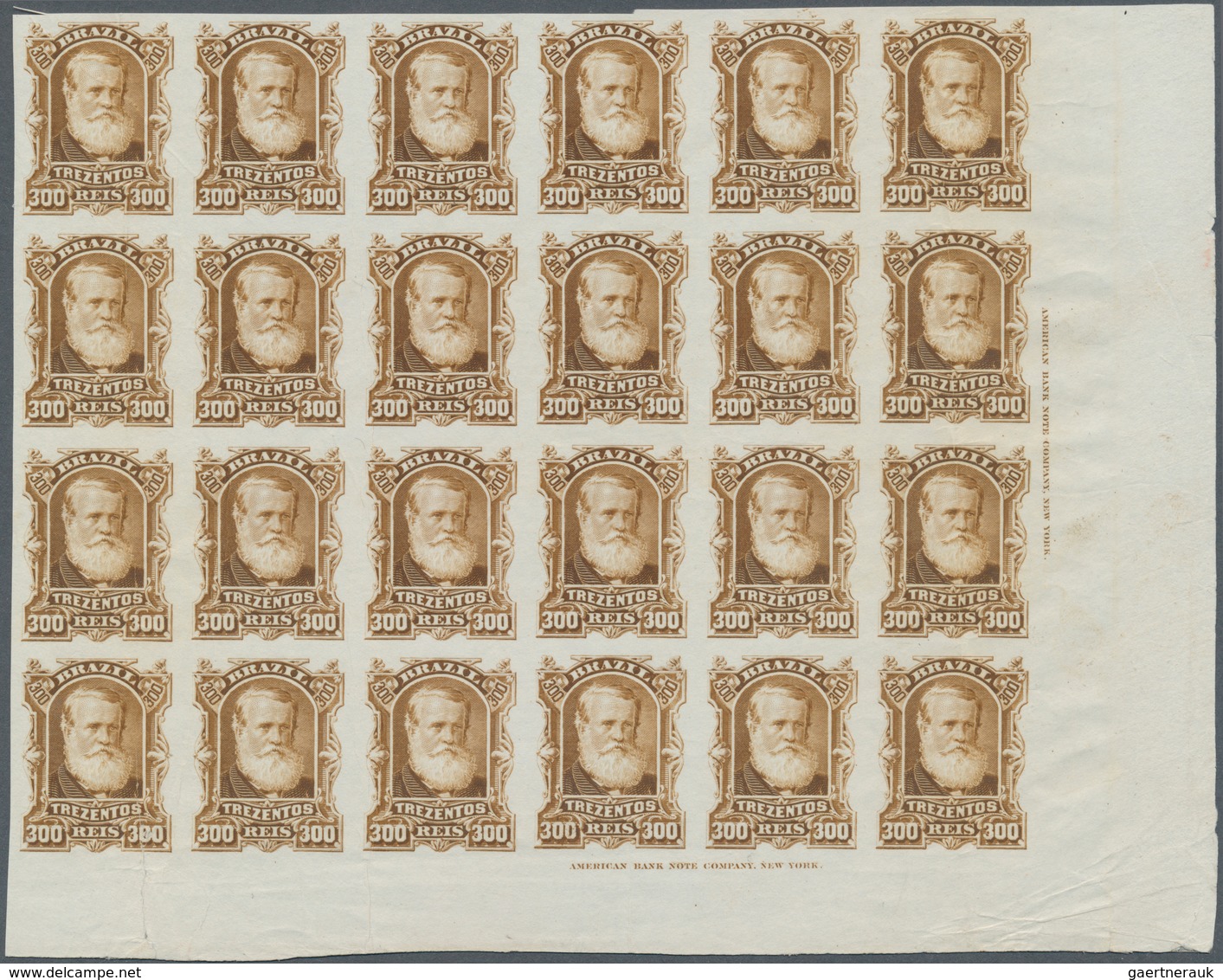 00580 Brasilien: 1878-79, 300 R. Bister Imperf Block Of 24 On White Wove Paper, Right Bottom Wide Corner M - Autres & Non Classés