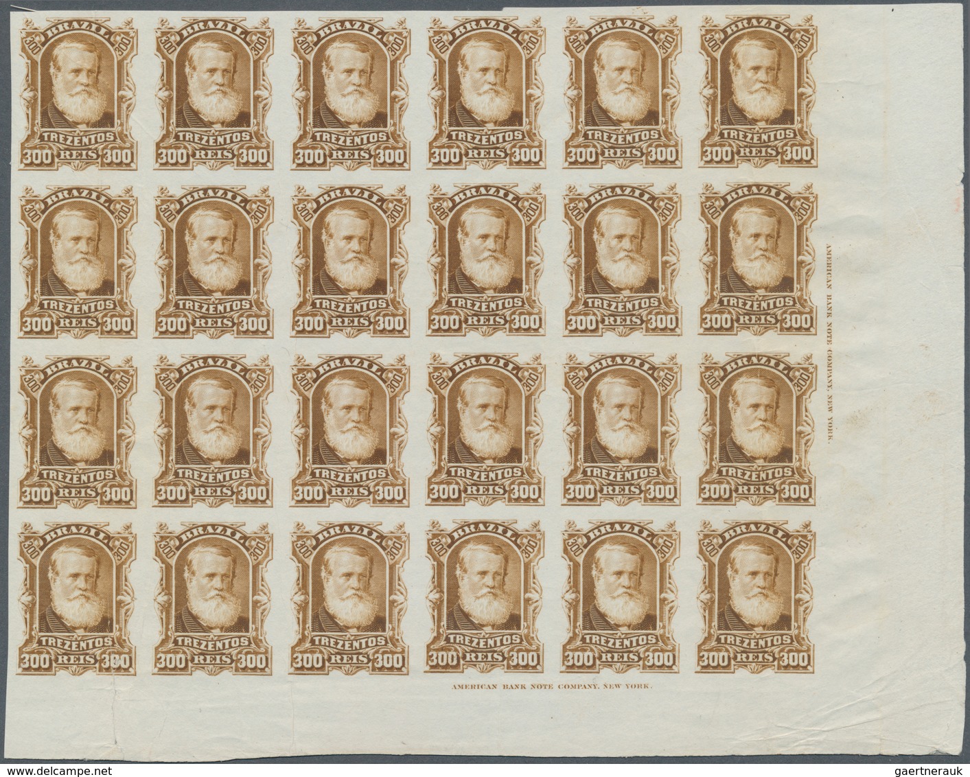 00580 Brasilien: 1878-79, 300 R. Bister Imperf Block Of 24 On White Wove Paper, Right Bottom Wide Corner M - Other & Unclassified