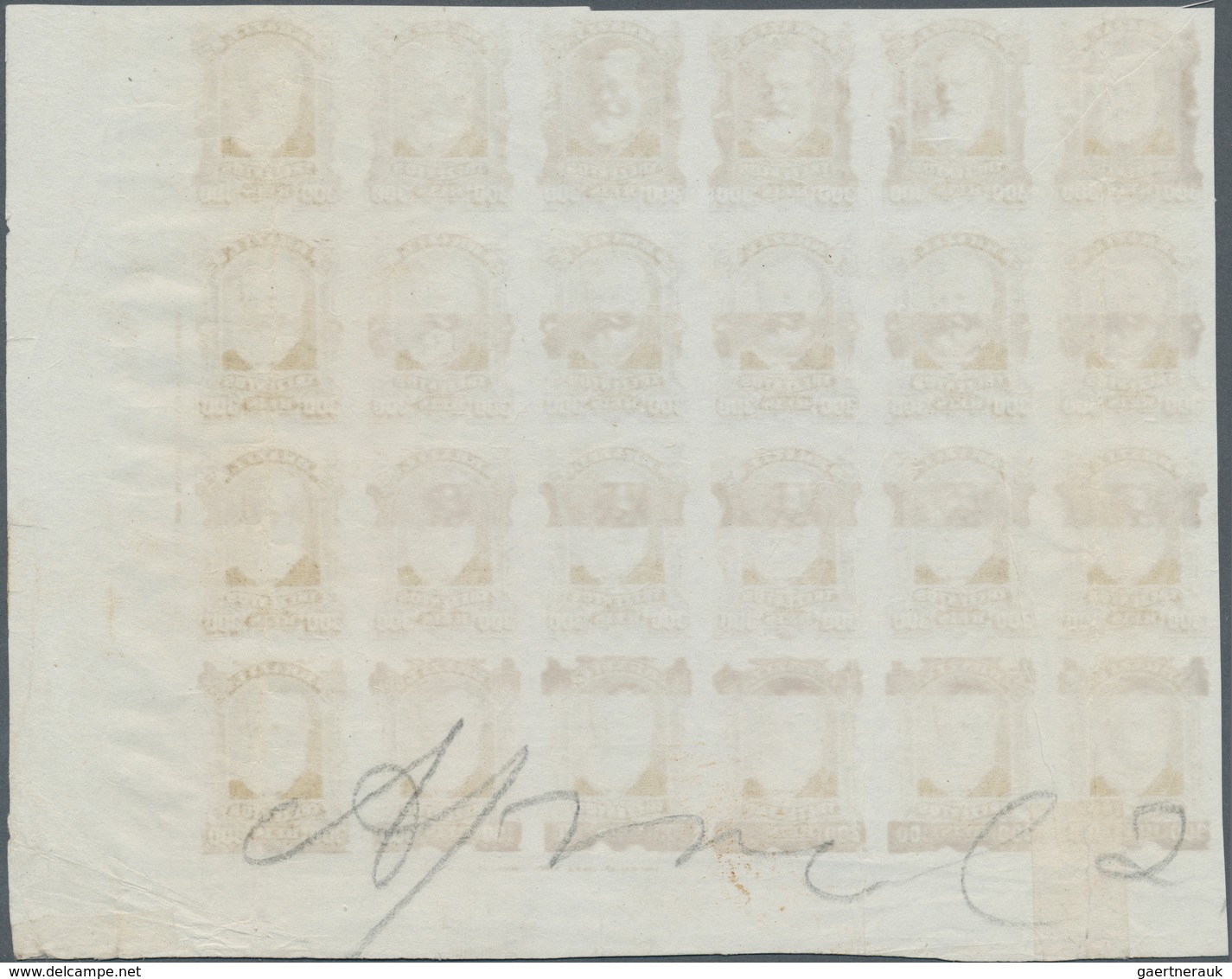 00580 Brasilien: 1878-79, 300 R. Bister Imperf Block Of 24 On White Wove Paper, Right Bottom Wide Corner M - Autres & Non Classés