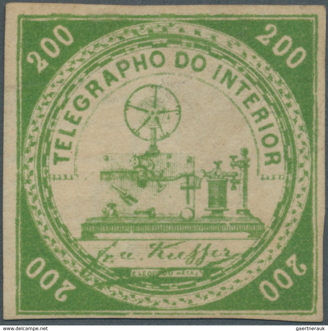 00586 Brasilien - Telegrafenmarken: 1873, 200r. Yellow-green, Wm "Lacroix Freres", Fresh Colour, Full Marg - Telegrafo