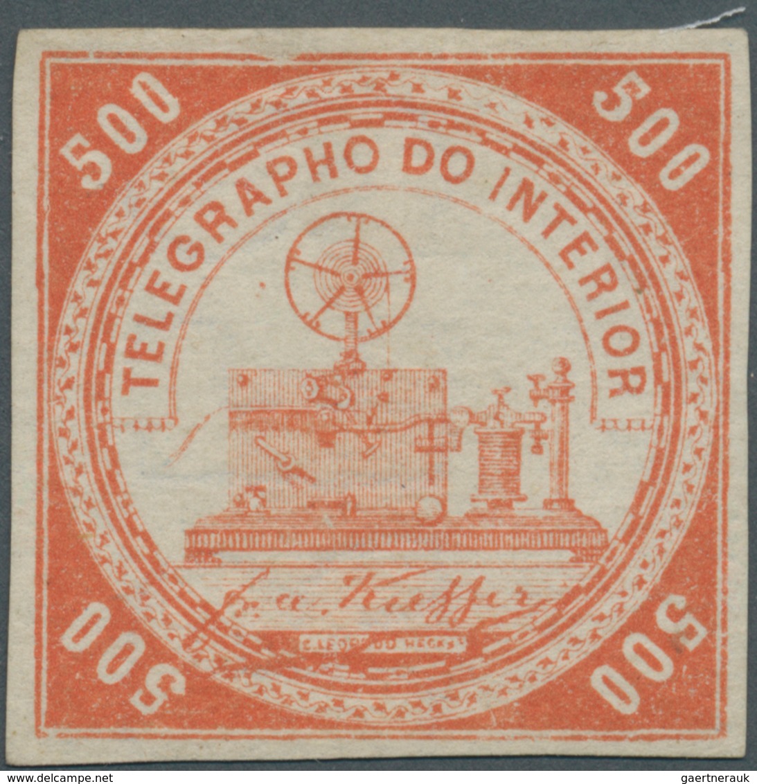00587 Brasilien - Telegrafenmarken: 1873, 500r. Vermilion, Wm "Lacroix Freres", Fresh Colour, Full Margins - Télégraphes