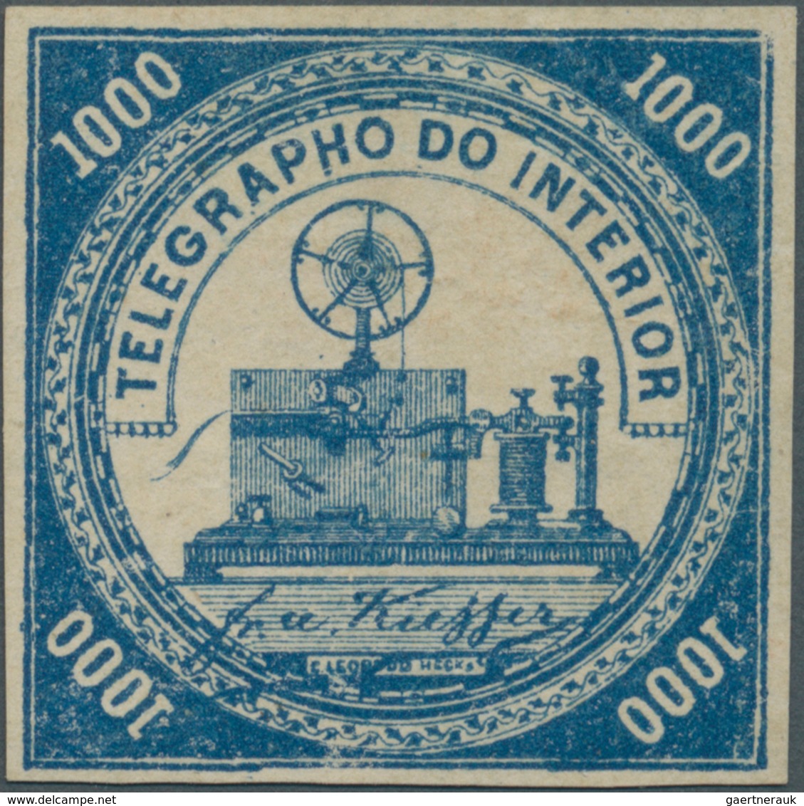 00589 Brasilien - Telegrafenmarken: 1873, 1000r. Blue, Wm "Lacroix Freres", Fresh Colour, Full Margins, Un - Telegraafzegels