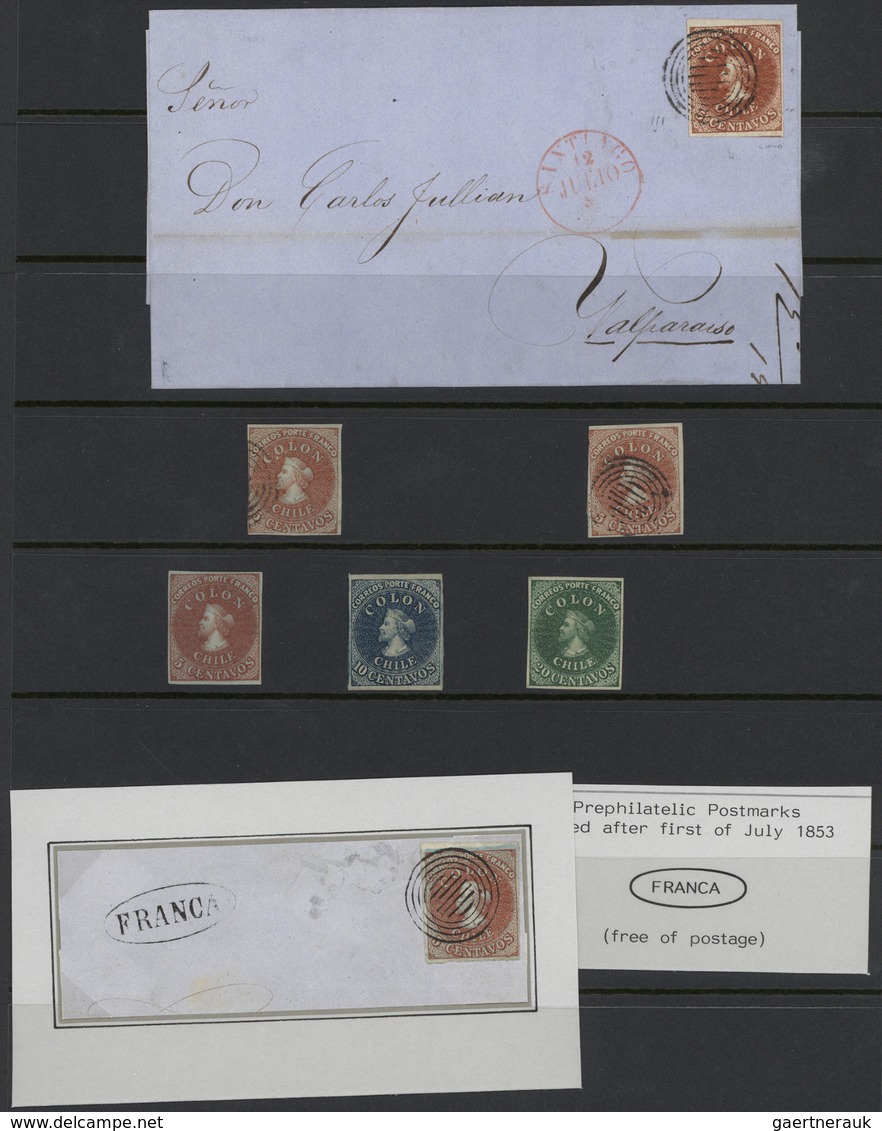 00593 Chile: 1853/1867, COLON HEADS, The Outstanding Collection Of First Issues Incl. 1853 5c. Used On Ent - Chile