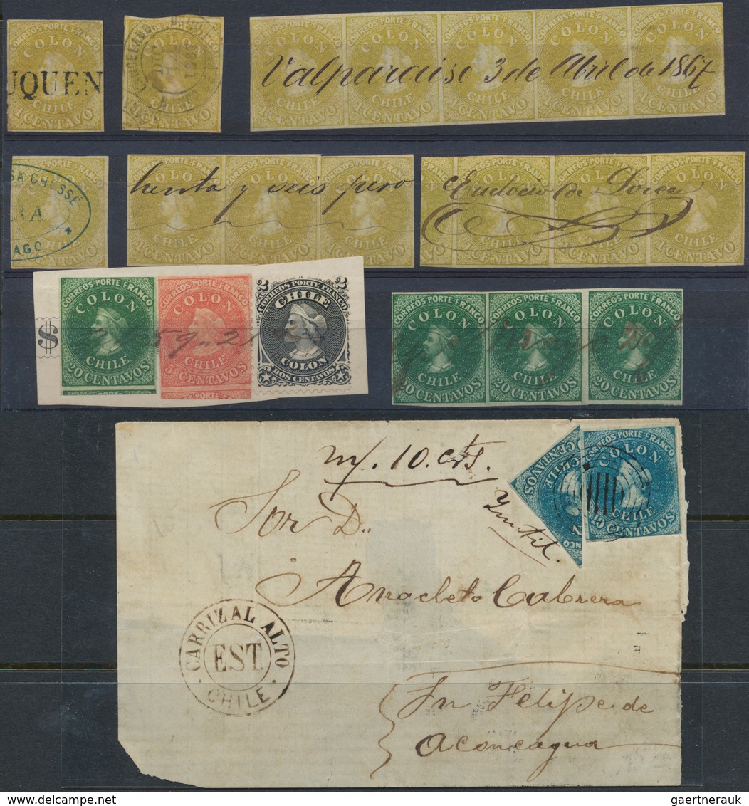 00593 Chile: 1853/1867, COLON HEADS, the outstanding collection of first issues incl. 1853 5c. used on ent