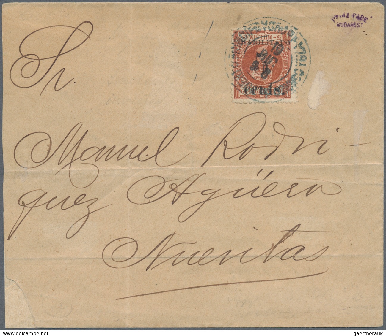 00596 Cuba - Spanische Kolonie: 1898, 5 Cts/5 Mils. Brown, Surcharge Inverted, Local Stamp Tied Blue "PTO. - Cuba (1874-1898)
