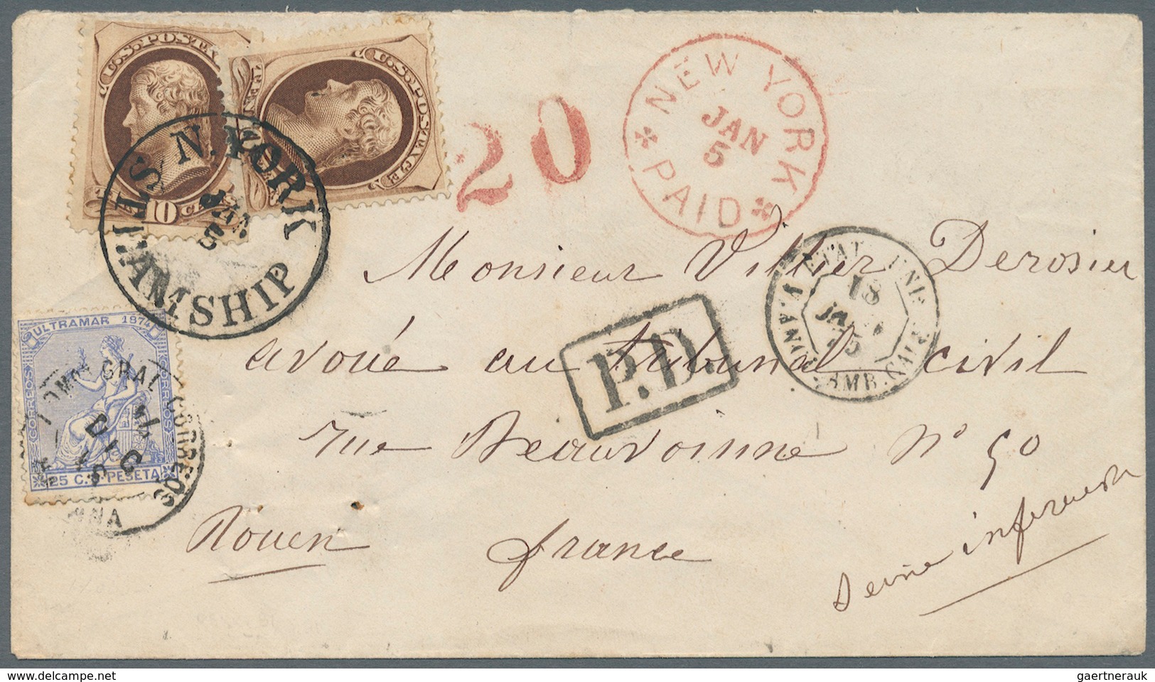 00597 Cuba: 1874/75, Cover To Rouen, Sent Via The United States, And Locally Franked With Cuban 25c. Ultra - Autres & Non Classés