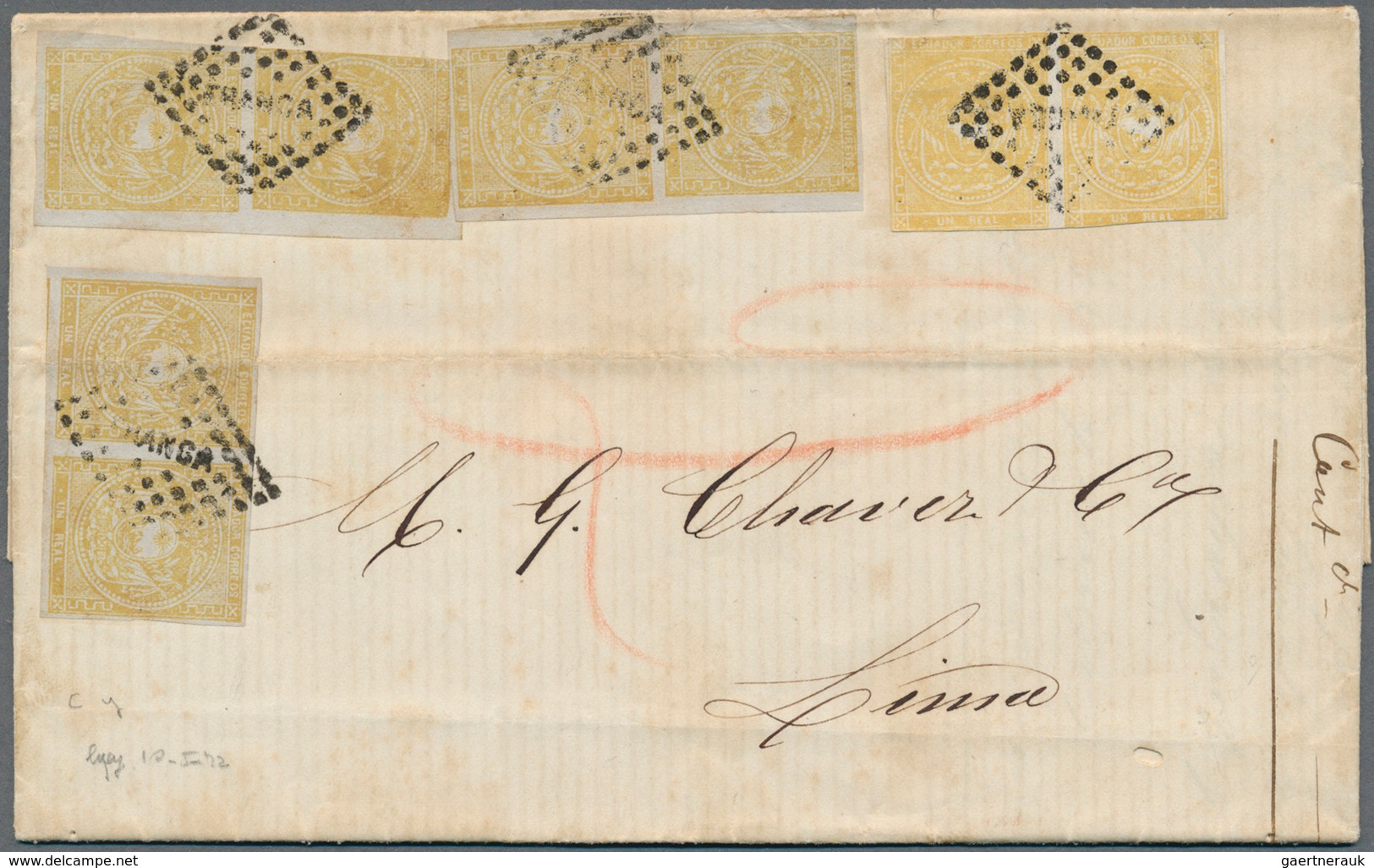 00599 Ecuador: 1872, Three Pairs 1 R. Buff And One Pair 1 R. Orange-buff On Folded Envelope Tied By Clear - Equateur