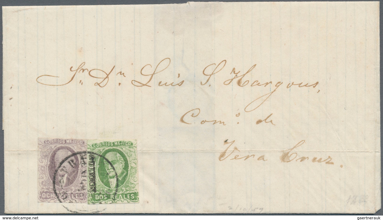 00603 Mexiko: 1857 Folded Cover From Mexico City To Very Cruz Franked By 1856 8r. Lilac And 2r. Green Both - Mexico