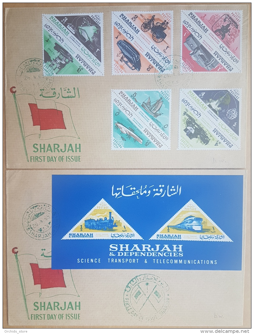 HX- Sharjah 1965 FDC - TRANSPORTATION &amp; TELECOMMUNICATIONS Cplte Set 20v. + S/S Mi. 119A-138A+Blocks 12-13 - 2 Cover - Sharjah