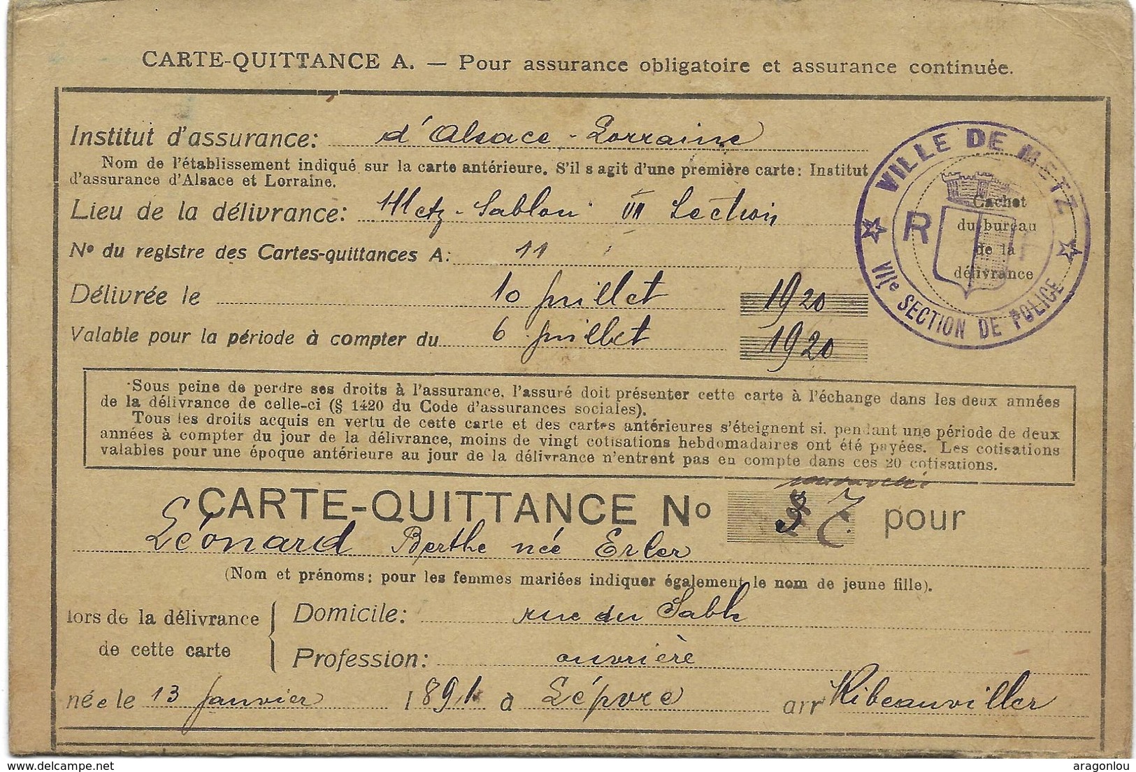 Carte-Quittance A. Pour Assurance Obligatoire Alsace Lorraine Cachet Section De Police Ville De Metz 10.7.1920(4scans) - Non Classés