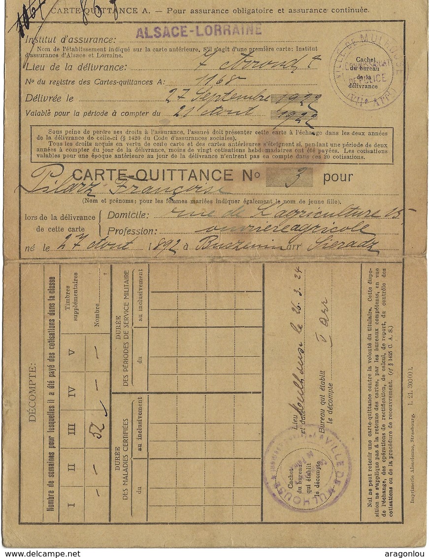 Carte-Quittance Institut D'Assurance Obligatoire Alsace-Lorraine, Ville De Mulhouse 27.9.1922 (4scans) - Non Classés