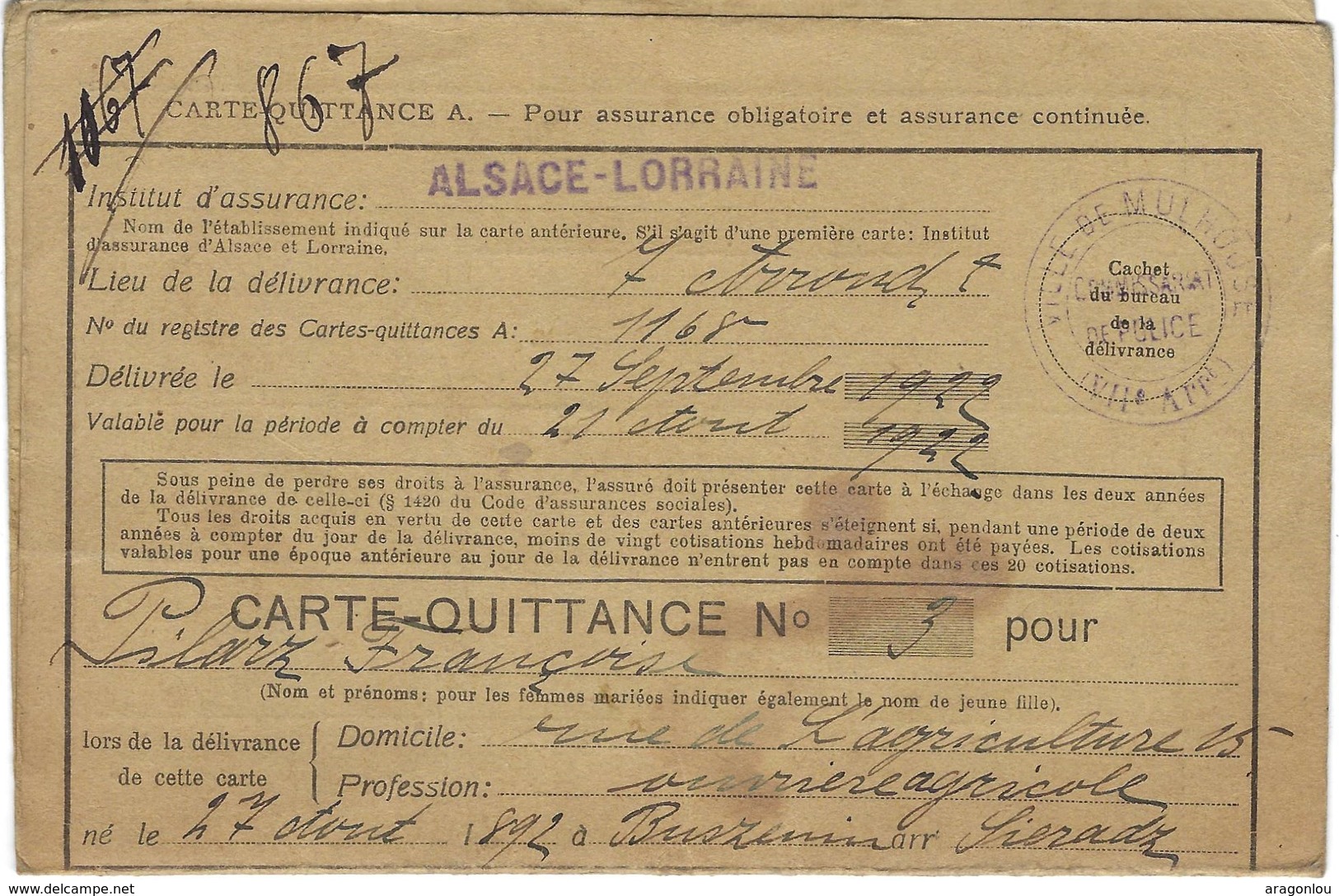 Carte-Quittance Institut D'Assurance Obligatoire Alsace-Lorraine, Ville De Mulhouse 27.9.1922 (4scans) - Non Classés