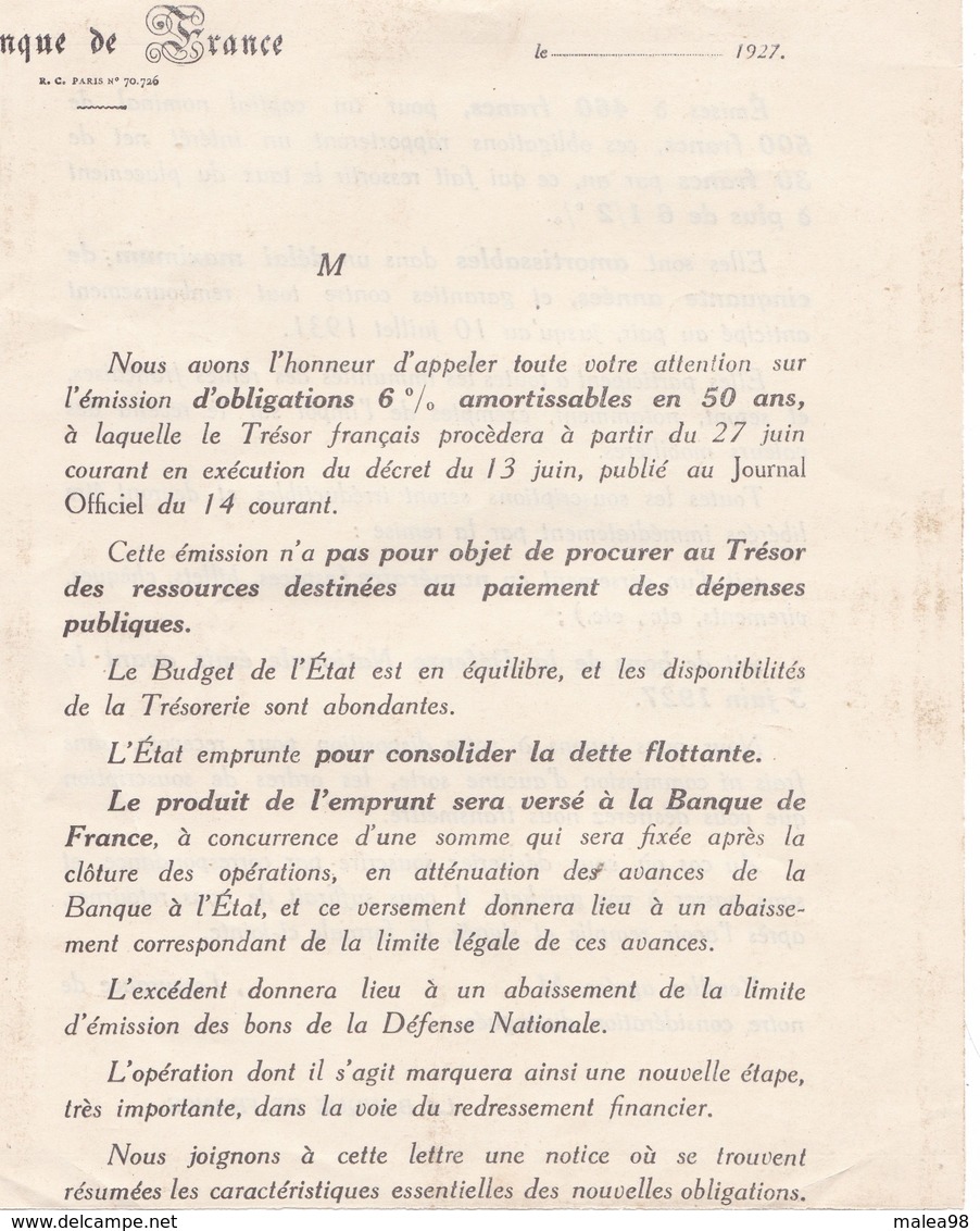 1927,,,,, AVIS D'  EMISSION D' OBLIGATIONS A  6%  POUR  CONSOLIDER LA DETTE  FLOTTANTE ET NON _ - Banque & Assurance