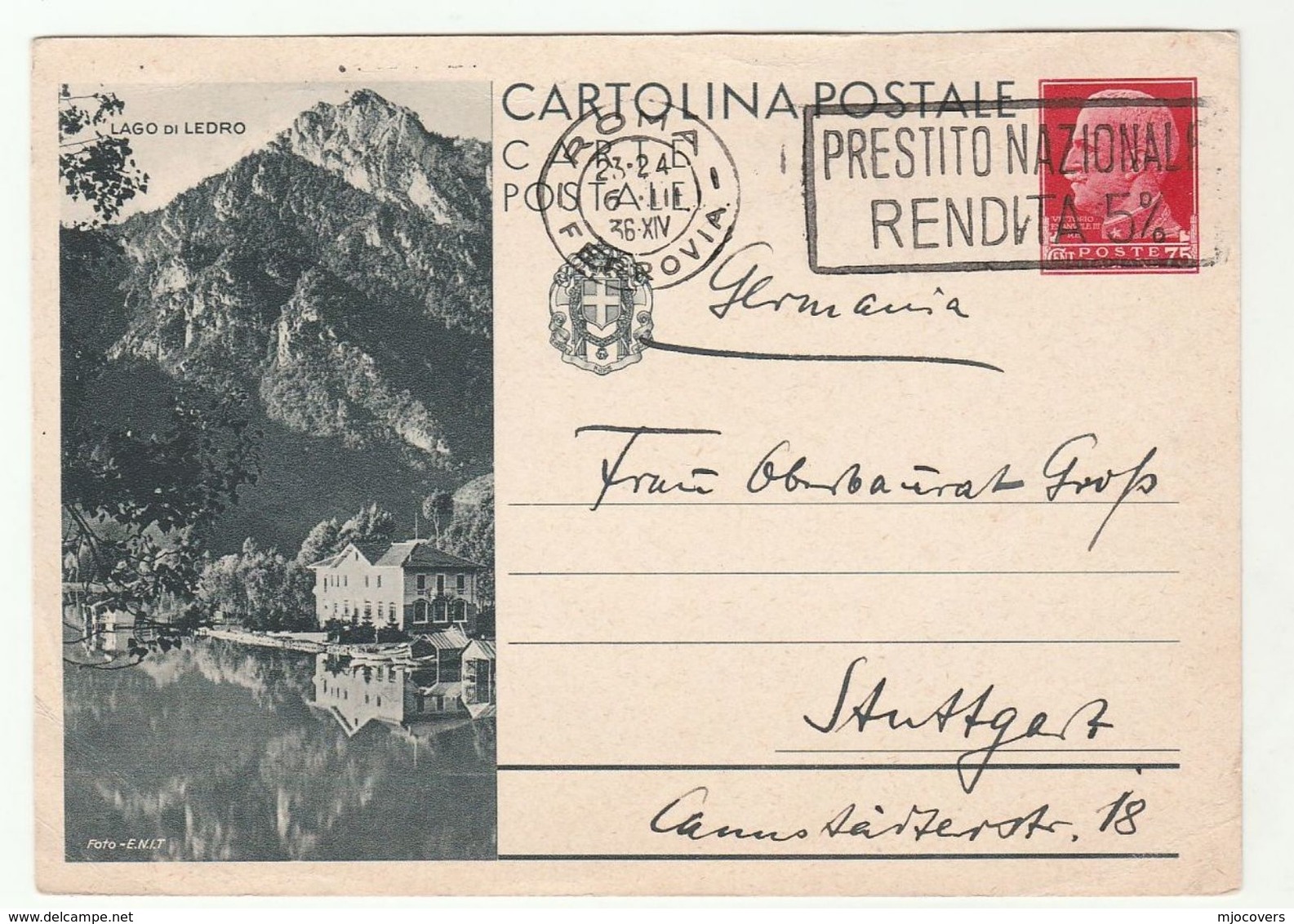 1936 LAGO Di LEDRO Illus STATIONERY CARD Rome Italy To Stuttgart SLOGAN Prestito Nazional Rendita Banking, Cover - Interi Postali