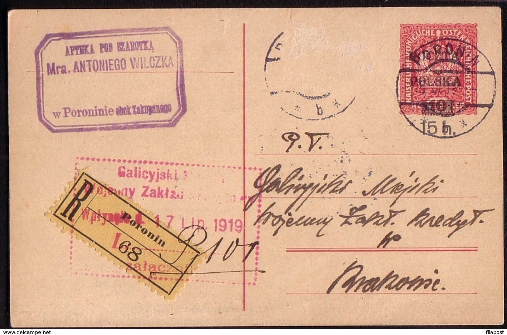 Poland 1919. Fi Cp 16IIx Overprint Registered Stationery From Poronin To Krakow. Apteka A. Wilczka. R - Briefe U. Dokumente