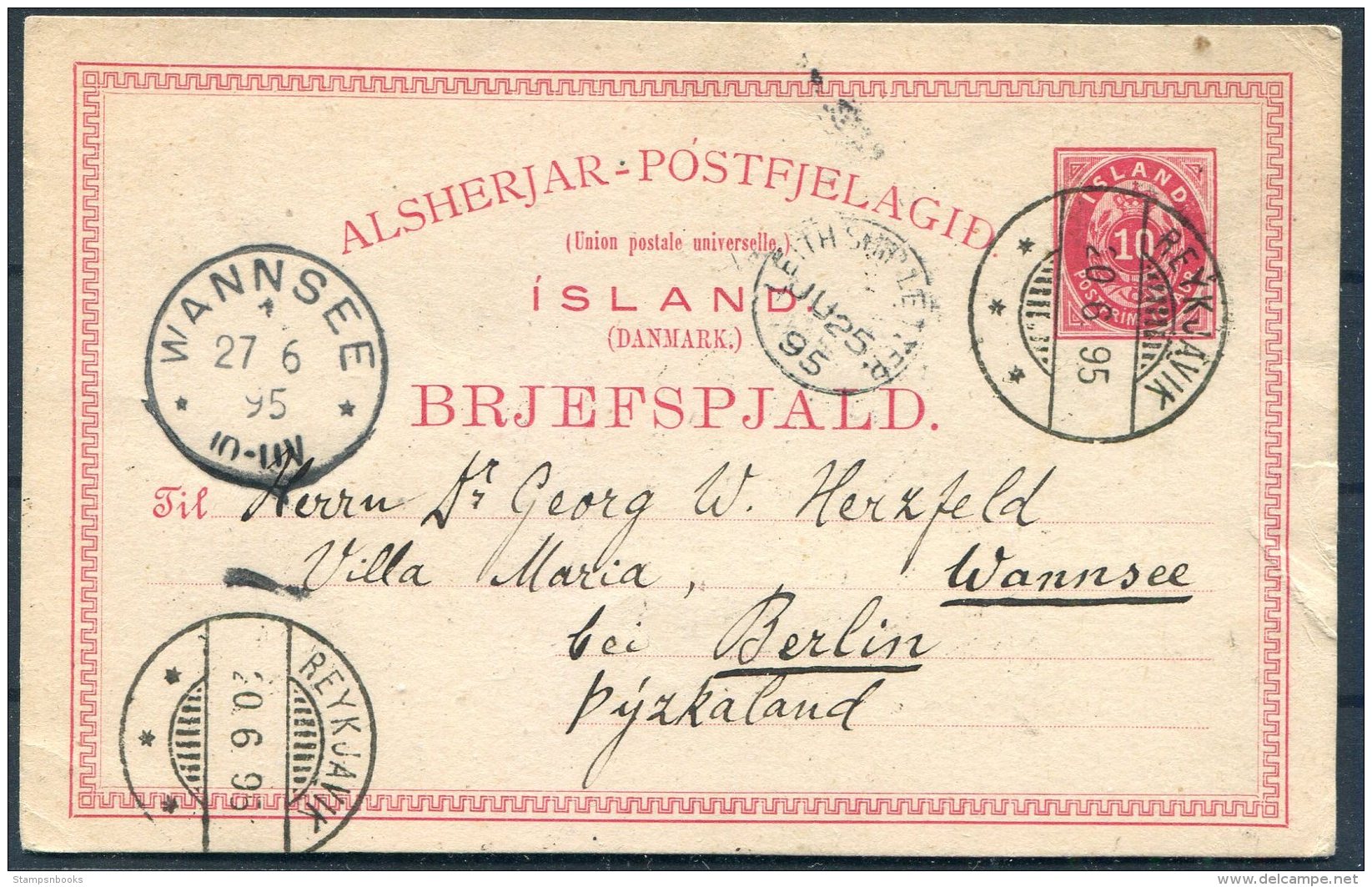 1895 Iceland Stationery Postcard Reykjavik - Berlin Wannsee 'Leith Ship Letter' Paquebot - Covers & Documents