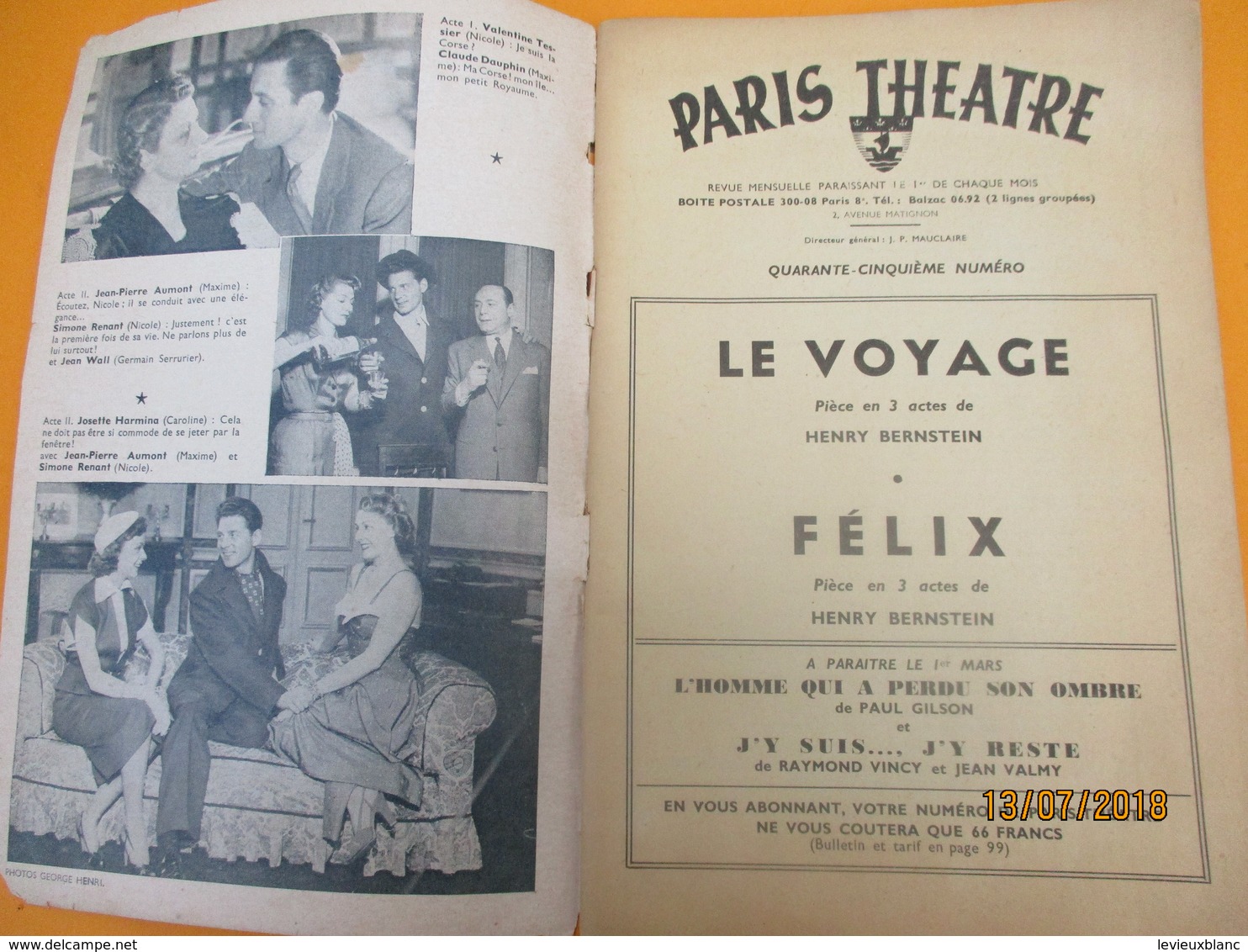 Théatre/ Paris Théatre N°45/ Ambassadeurs/ Henri BERNSTEIN/ Le Voyage/JP Aumont/S Renant/Texte Intégral/ 1951     CAT230 - Autres & Non Classés