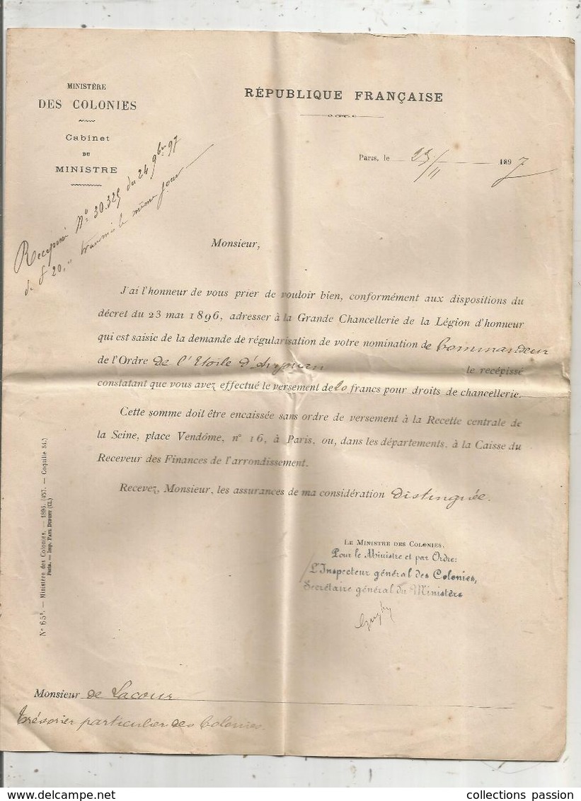 Ministère Des Colonies , 1897 , Nomination De Commandeur De L'ordre De L'Etoile D'AJOUAN ,  Frais Fr : 1.75 E - Non Classés